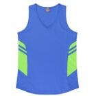 A sleeveless blue sports tank top with a V-neck design and bright green accents on the sides featuring two parallel stripes. The fabric appears lightweight and suitable for athletic activities.