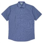 A blue short-sleeve button-up shirt with a small checkered pattern. It has a standard collar and a single chest pocket on the left side.