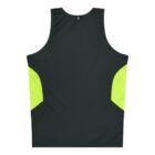 A sleeveless athletic tank top with a dark green front and bright yellow side panels. The top is laid flat on a white background, showcasing its back design.