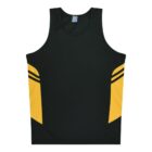 Sleeveless athletic tank top, primarily dark green with yellow side panels and two horizontal black stripes on each side. The fabric appears lightweight, designed for sports or casual wear. Displayed on a plain white background.