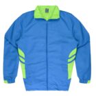 A blue and green windbreaker jacket with a front zipper. The jacket has green accents on the collar and sides, and features elastic cuffs.
