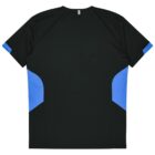 A black T-shirt with blue accents on the sides and the sleeves. The back view shows simple, modern design elements with a small reflective strip near the collar.