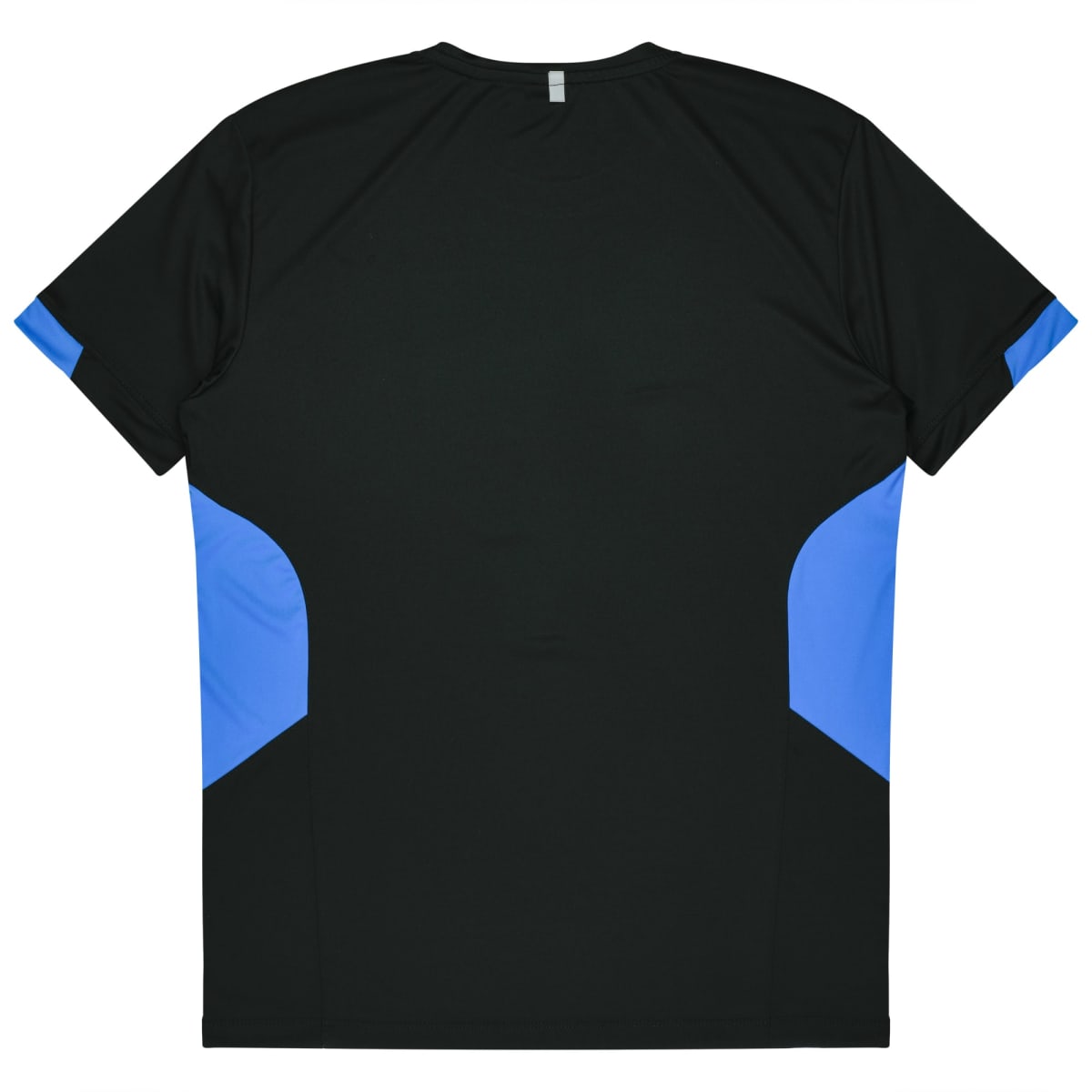 A black T-shirt with blue accents on the sides and the sleeves. The back view shows simple, modern design elements with a small reflective strip near the collar.