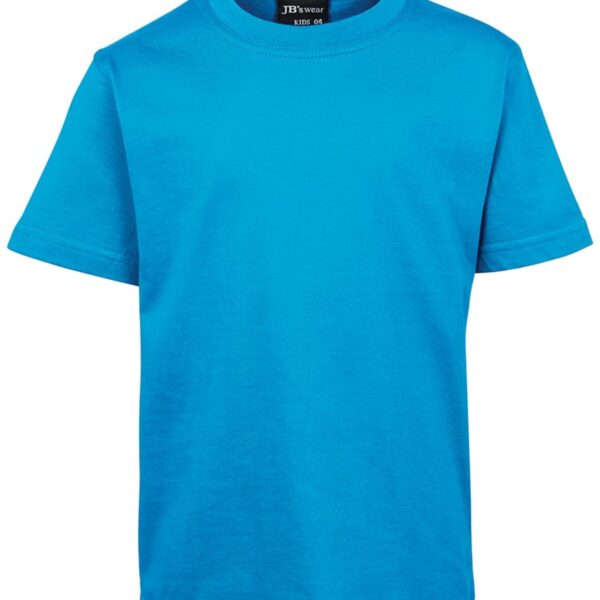 A plain blue T-shirt displayed against a white background. The shirt has short sleeves and a round neckline.