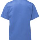 A blue short-sleeve T-shirt is shown from the back. The shirt is plain without any visible designs or logos.