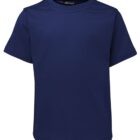 A plain navy blue T-shirt displayed against a white background, showcasing a simple design with a crew neck and short sleeves.