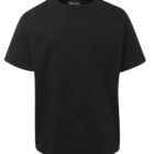 A plain black t-shirt displayed against a white background. The t-shirt has short sleeves and a round neckline.