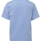 Back view of a plain light blue short-sleeved t-shirt.