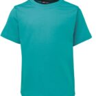 A plain turquoise T-shirt is displayed against a white background. The shirt has short sleeves and a round neckline.