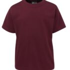 A plain maroon short-sleeve t-shirt.