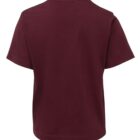 A plain dark red T-shirt is displayed with a simple round neckline and short sleeves. The shirts back is shown against a white background.