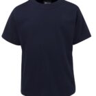 A plain dark blue T-shirt with short sleeves and a round neckline, displayed against a white background.
