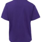A plain, short-sleeved purple t-shirt is shown from the back, with no visible designs or logos. The t-shirt has a round neckline and appears to be made of soft fabric.