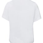 A plain white T-shirt is displayed on a white background. The T-shirt features short sleeves and a simple crew neckline, with no visible patterns or logos.