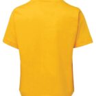 A bright yellow T-shirt is displayed with its back facing the viewer. The T-shirt has short sleeves and a round neckline.