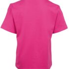 A plain bright pink T-shirt is shown from the back. It has short sleeves and a round neckline, displayed against a white background.