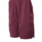Maroon athletic shorts with an elastic waistband and side pockets, displayed on a white background.