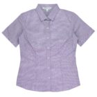 A short-sleeved, button-down shirt with a small checkered pattern in purple and white. It has a classic collar and is neatly arranged on a plain white background.