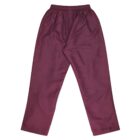 A pair of maroon trousers with an elastic waistband laid flat against a white background. The fabric appears smooth and slightly shiny, with straight legs and a relaxed fit.