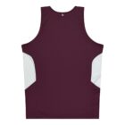 A sleeveless maroon top with white side panels. The image shows the back view of the top, emphasizing its simple design and contrasting colors.