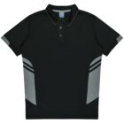 A black polo shirt with short sleeves, featuring gray accents on the collar and sleeve cuffs. It has three buttons and gray side panels with thin horizontal stripes. The shirt is displayed on a plain white background.