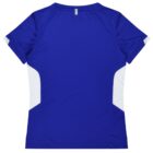 Back view of a blue athletic shirt with white side panels and a small reflective strip near the top. The shirt has short sleeves and a simple, sporty design.