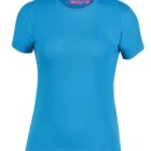A plain, short-sleeved blue T-shirt is displayed against a white background. The shirt has a round neckline and a relaxed fit. A pink label is visible inside the collar.