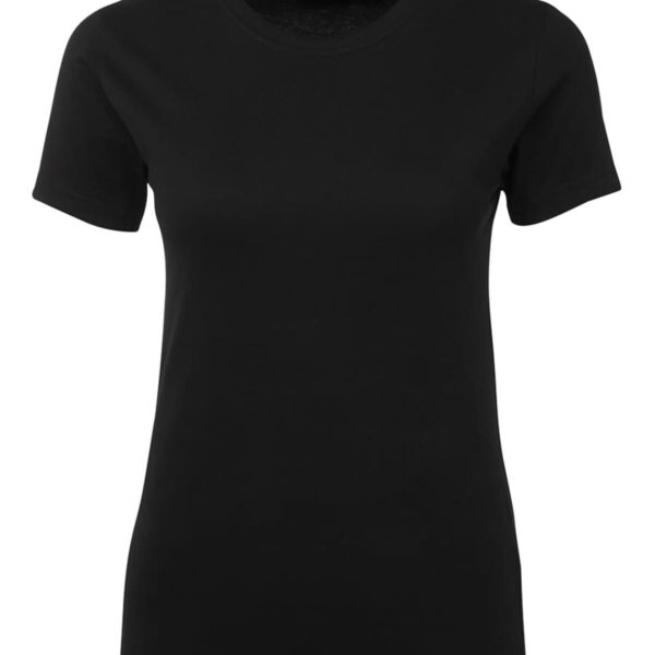 A plain black short-sleeve T-shirt is displayed against a white background. The shirt has a round neckline and a fitted design, with a pink tag visible on the inside collar.