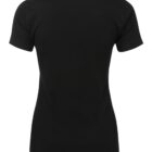 A plain black T-shirt is displayed against a white background, showing the back view. The shirt has short sleeves and a round neckline, with no visible designs or logos.