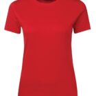 A plain red short-sleeve T-shirt on a white background. The shirt has a round neckline and a simple design.