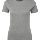 A plain gray t-shirt with short sleeves and a crew neckline is displayed against a white background. The t-shirt has a simple, fitted design and appears to be made of a soft fabric.