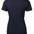 A plain, dark blue t-shirt is shown from the back. It features short sleeves and a rounded neckline, displaying a simple and classic design. The fabric appears smooth and slightly fitted.