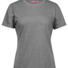 A plain gray t-shirt is displayed against a white background. The shirt has short sleeves and a round neckline, with a pink label inside the collar.