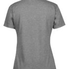 A plain, gray, short-sleeve T-shirt is pictured from the back, showcasing its simple design and crew neckline. The fabric appears soft and casual.