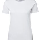A simple white short-sleeve T-shirt on a plain background. The T-shirt has a crew neck and is shown from the front.