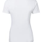 A plain white T-shirt displayed on a mannequin against a white background. The T-shirt has short sleeves and a round neckline. The back of the shirt is visible in the image.