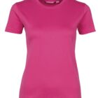 A plain, short-sleeved, pink t-shirt is displayed against a white background.