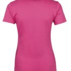 A plain pink T-shirt shown from the back. The garment has short sleeves and a simple, classic design.