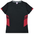 A black short-sleeved sports jersey with a V-neck. It features red panels and black stripes on the sides.