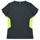 A dark gray short-sleeve sports shirt with neon green side panels and a small white tag at the collar. The shirt is laid flat with the back side facing up, showing a simple and sleek design.
