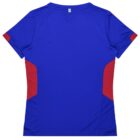 A blue sports t-shirt with red accents on the sides and sleeves, shown from the back.