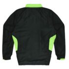 A black jacket with a neon green collar and two side panels. The back view shows long sleeves with elastic cuffs and a smooth finish. The design is simple, with bold color contrasts.