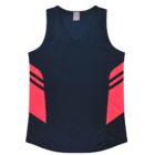 A navy blue athletic tank top with bright pink side panels and two black stripes on each side. The tank has a V-neck and a relaxed fit.