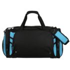A black and blue sports duffel bag with zippered compartments, carrying handles, and an adjustable shoulder strap.