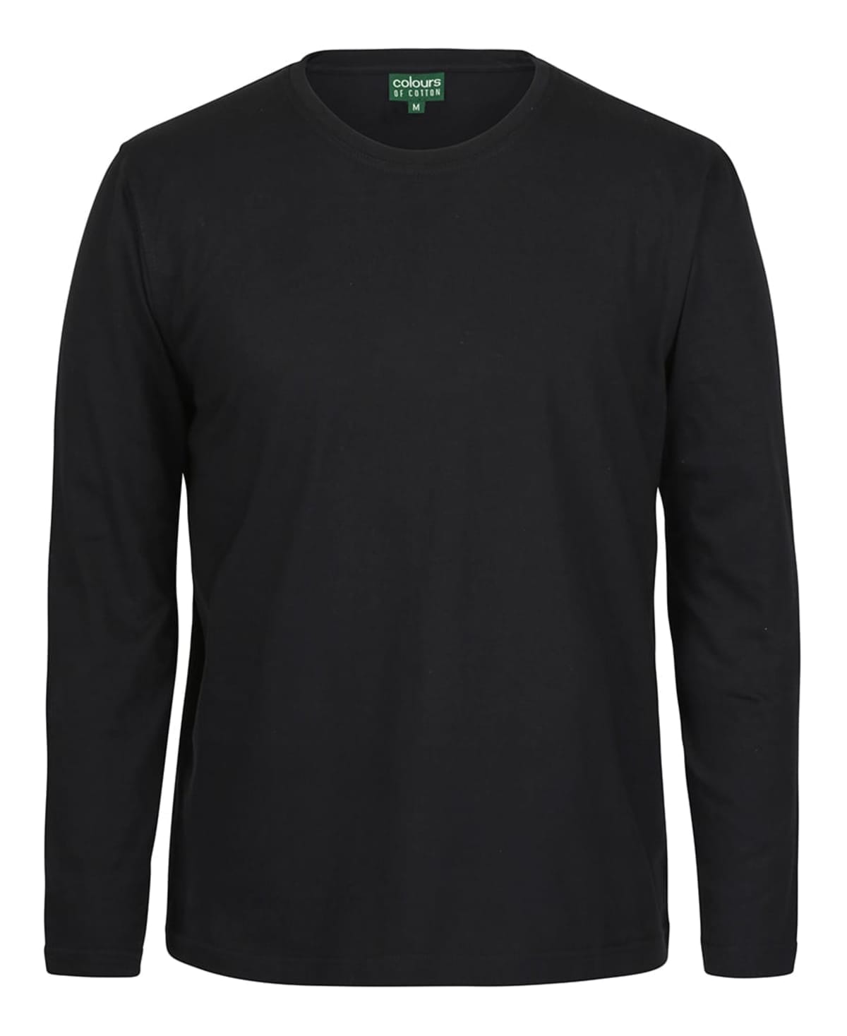Black long-sleeve T-shirt with a crew neckline, displayed on a plain white background.