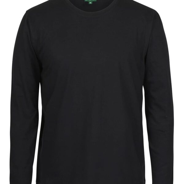 A plain black long-sleeve T-shirt with a round neckline is displayed against a white background. The label inside the collar reads COLOURS and indicates a size M.