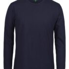 A plain long-sleeve dark blue t-shirt is shown against a white background. The tag on the inside reads Colours and indicates a medium size. The shirt has a simple, round neckline.