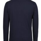 A long-sleeved black T-shirt is laid flat, shown from the back. The fabric appears soft and smooth with a simple, classic design. There are no visible logos or designs.