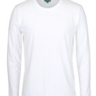 White long-sleeve crew neck t-shirt displayed against a plain white background. The shirt features a green tag with text at the collar.