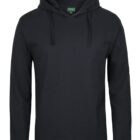 A plain black hoodie with long sleeves and a hood, displayed on a white background.
